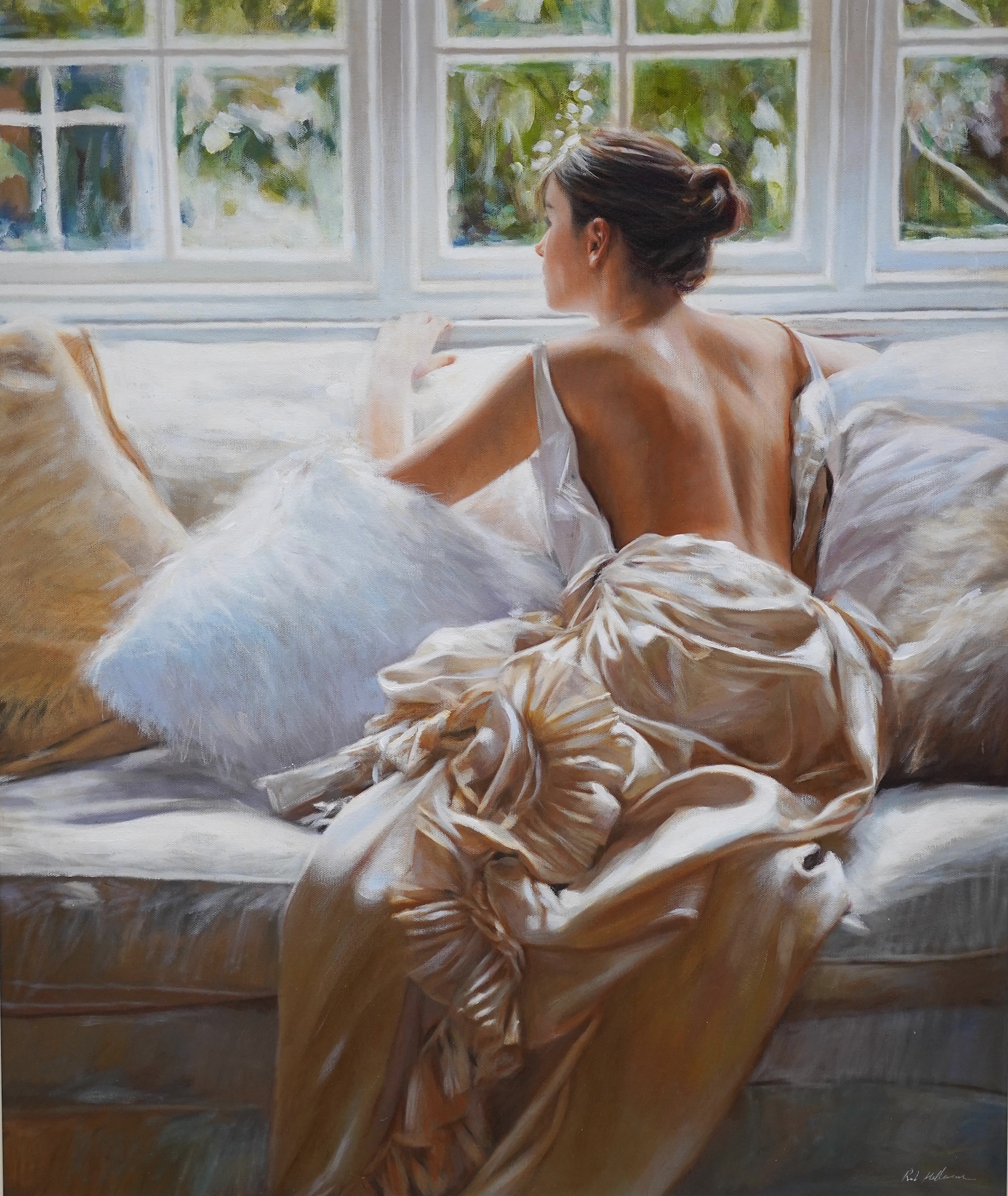 Rob Hefferan (b.1968), oil on canvas, Study of a woman before a window, signed, 72 x 60cm